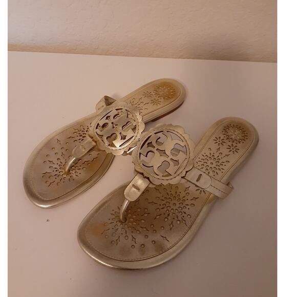 Tory Burch Miller Gold Leather Slip On Sandals size 8.5 Neutral - Picture 1 of 6
